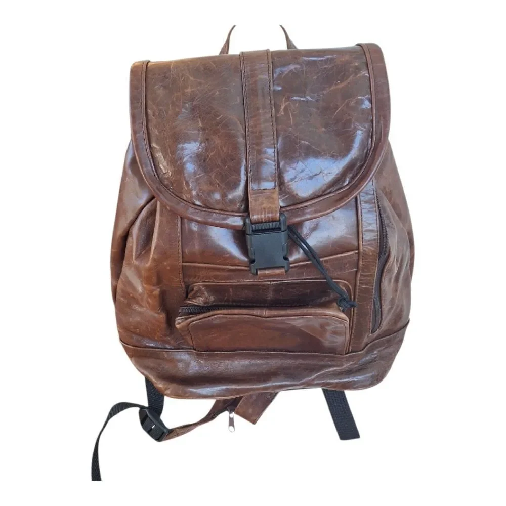 Vintage Boho Waxed Brown Leather Backpack Convertible Strap Rucksack Knapsack
